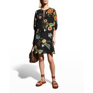 Johnny Was Zorya 100% Silk Floral Print Puff Sleeve Mini Dress Black Size XS